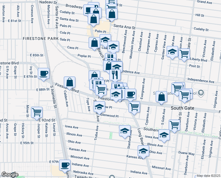 map of restaurants, bars, coffee shops, grocery stores, and more near 2773 Laurel Place in South Gate