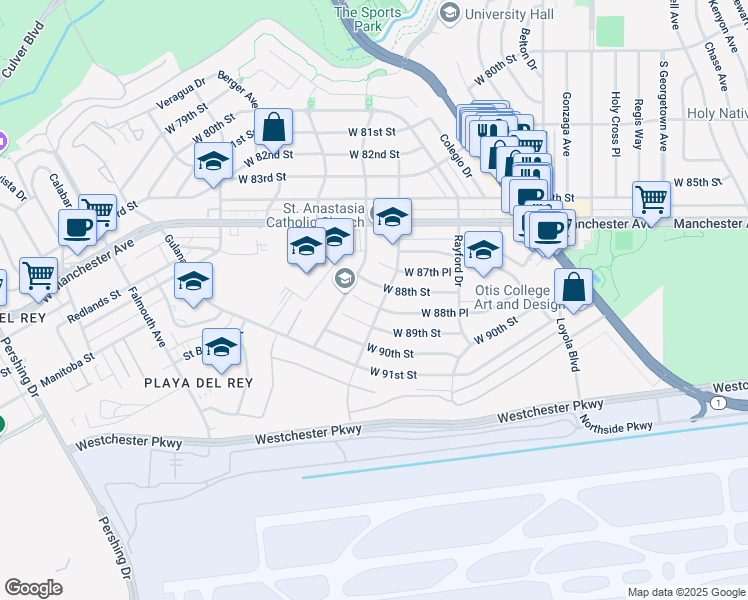 map of restaurants, bars, coffee shops, grocery stores, and more near 7519 West 88th Place in Los Angeles