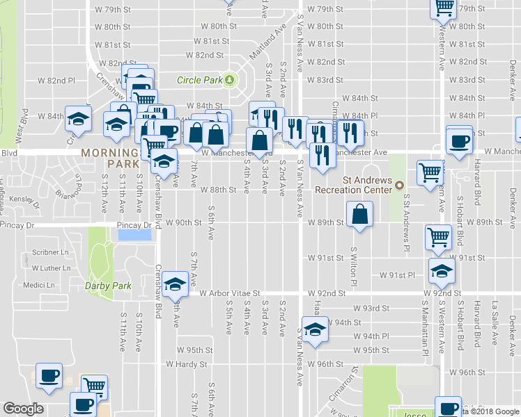 map of restaurants, bars, coffee shops, grocery stores, and more near 8905 South 3rd Avenue in Inglewood
