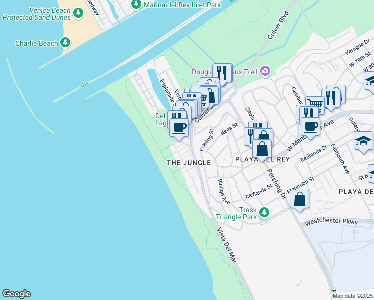 map of restaurants, bars, coffee shops, grocery stores, and more near 124 Montreal St in Los Angeles