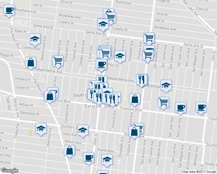 map of restaurants, bars, coffee shops, grocery stores, and more near 8625 Dearborn Avenue in South Gate