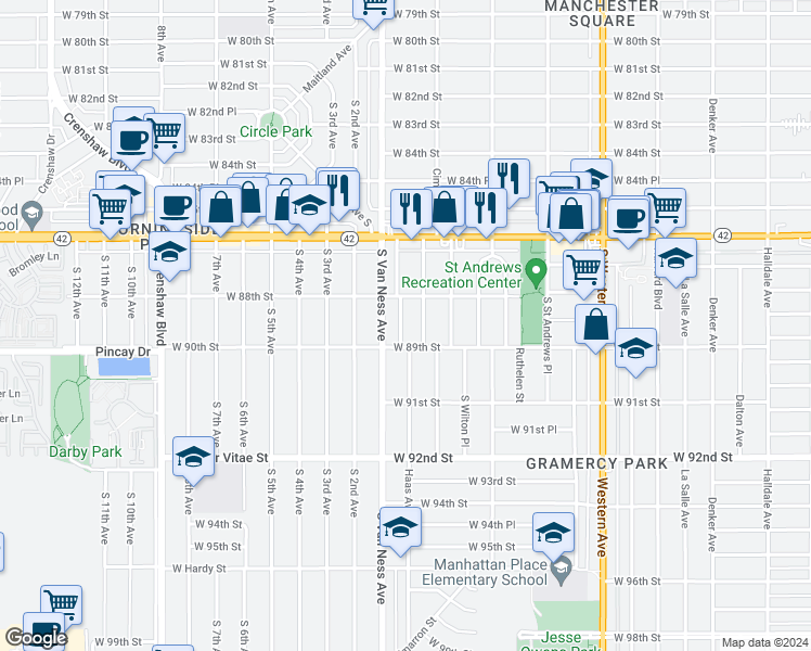 map of restaurants, bars, coffee shops, grocery stores, and more near 8832 Haas Avenue in Los Angeles