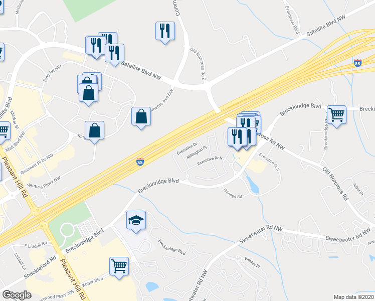 map of restaurants, bars, coffee shops, grocery stores, and more near 2161 Executive Drive North in Duluth