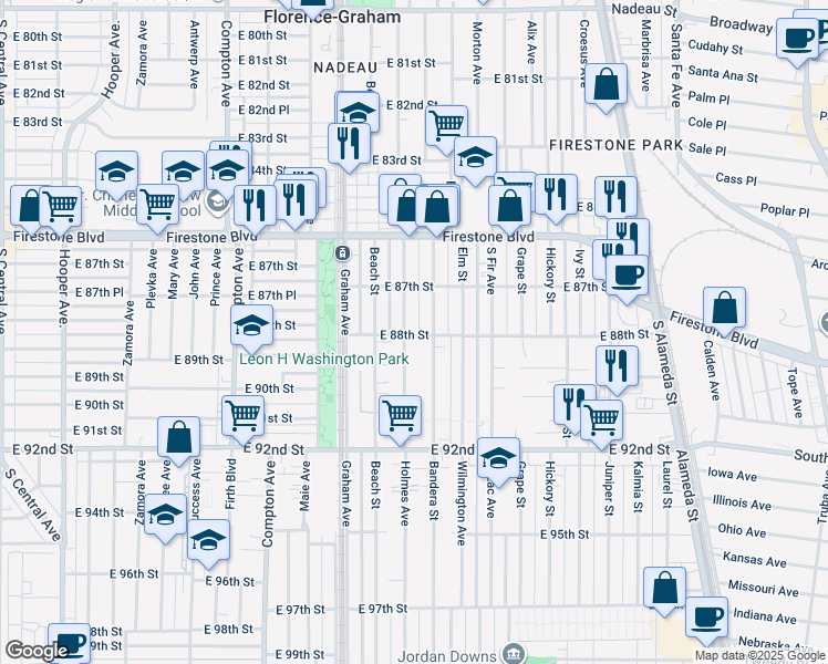 map of restaurants, bars, coffee shops, grocery stores, and more near 8740 Holmes Avenue in Los Angeles
