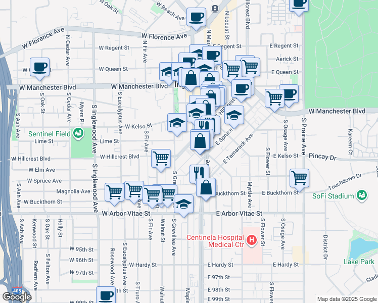 map of restaurants, bars, coffee shops, grocery stores, and more near 130 East Hillcrest Boulevard in Inglewood
