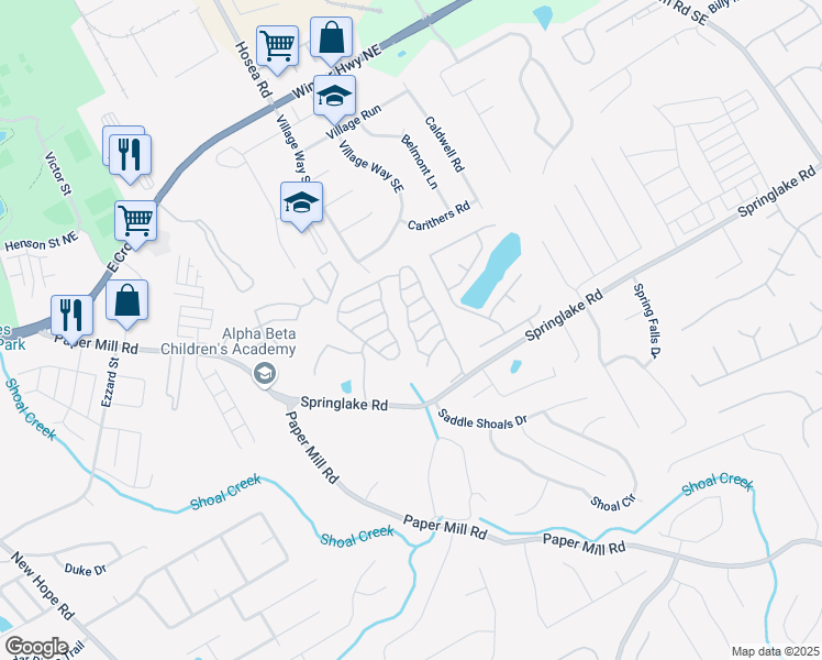 map of restaurants, bars, coffee shops, grocery stores, and more near 142 Springbottom Drive Southeast in Lawrenceville