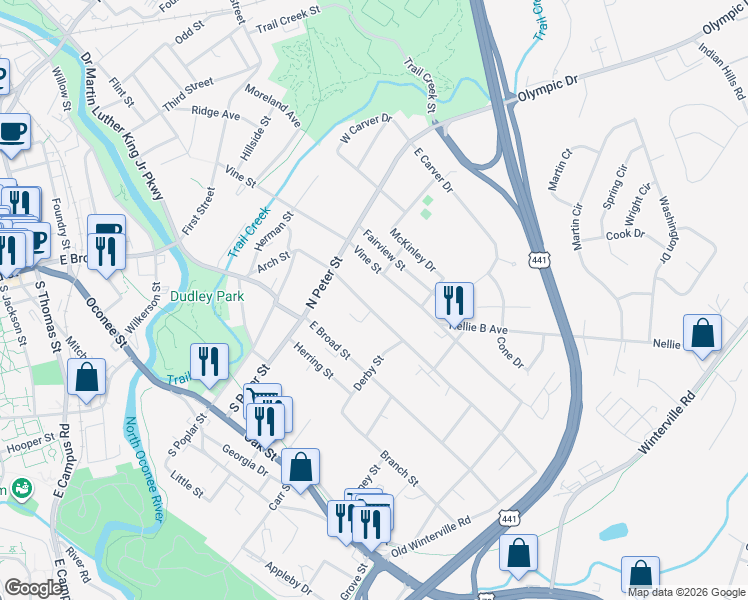 map of restaurants, bars, coffee shops, grocery stores, and more near 277 Arch Street in Athens