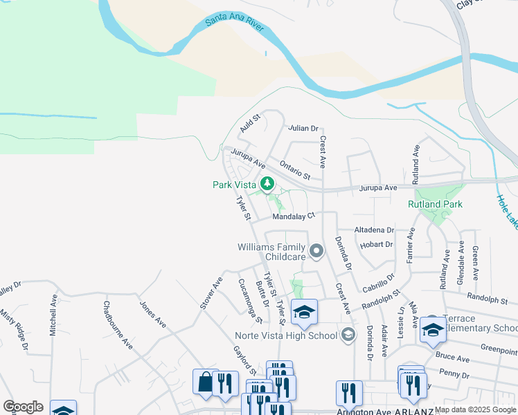 map of restaurants, bars, coffee shops, grocery stores, and more near 7018 Idyllwild Lane in Riverside