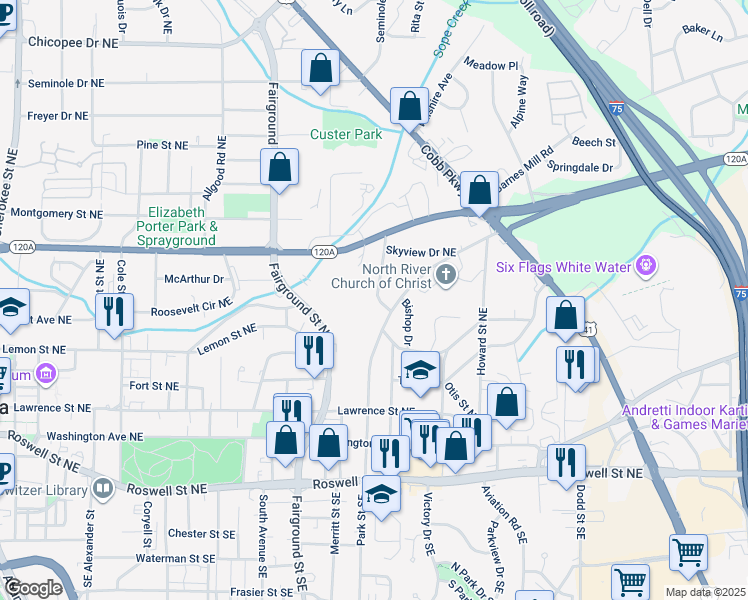 map of restaurants, bars, coffee shops, grocery stores, and more near 225 Amy Drive Northeast in Marietta