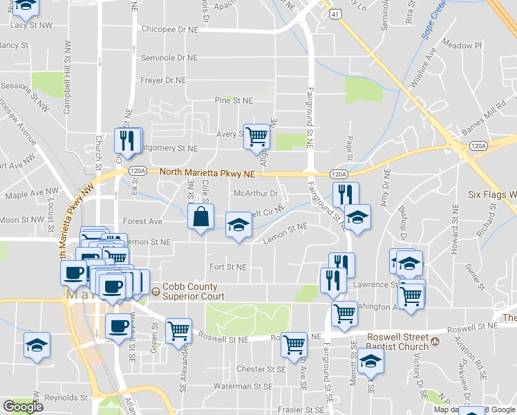 map of restaurants, bars, coffee shops, grocery stores, and more near 405 Roosevelt Circle Northeast in Marietta