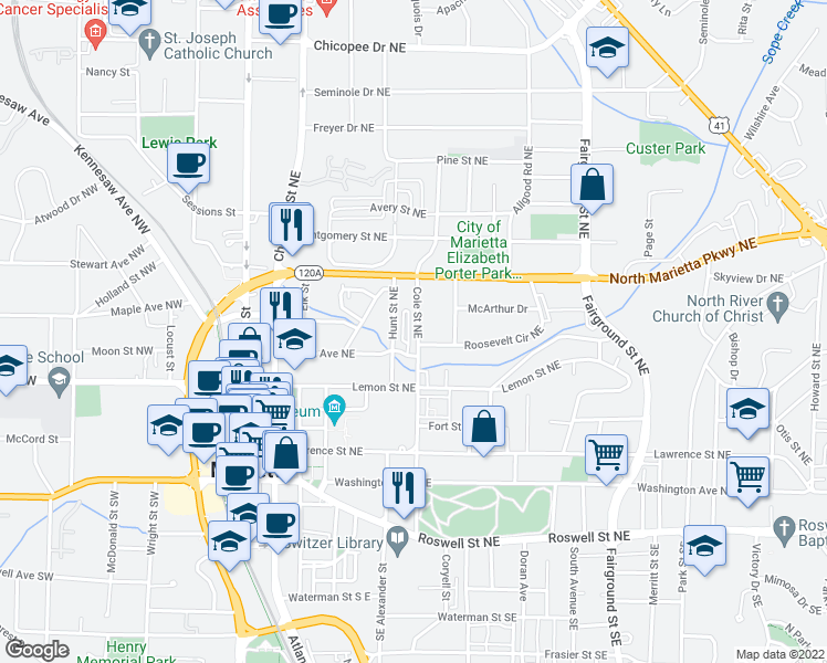 map of restaurants, bars, coffee shops, grocery stores, and more near 211 Cole Street Northeast in Marietta