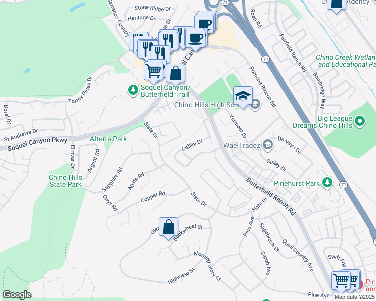 map of restaurants, bars, coffee shops, grocery stores, and more near 5081 Cellini Drive in Chino Hills