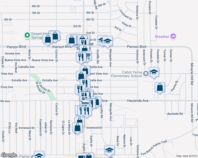 map of restaurants, bars, coffee shops, grocery stores, and more near 66642 Estrella Avenue in Desert Hot Springs