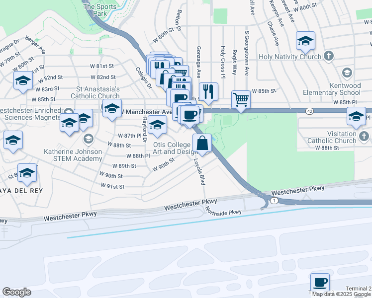 map of restaurants, bars, coffee shops, grocery stores, and more near 8920 Villanova Avenue in Los Angeles
