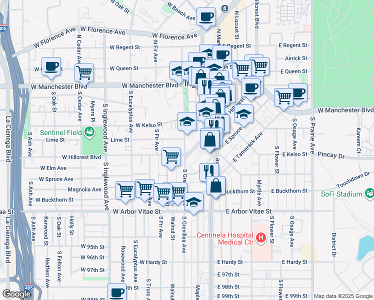 map of restaurants, bars, coffee shops, grocery stores, and more near 520 South Grevillea Avenue in Inglewood
