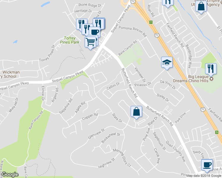 map of restaurants, bars, coffee shops, grocery stores, and more near 5081 Cellini Drive in Chino Hills