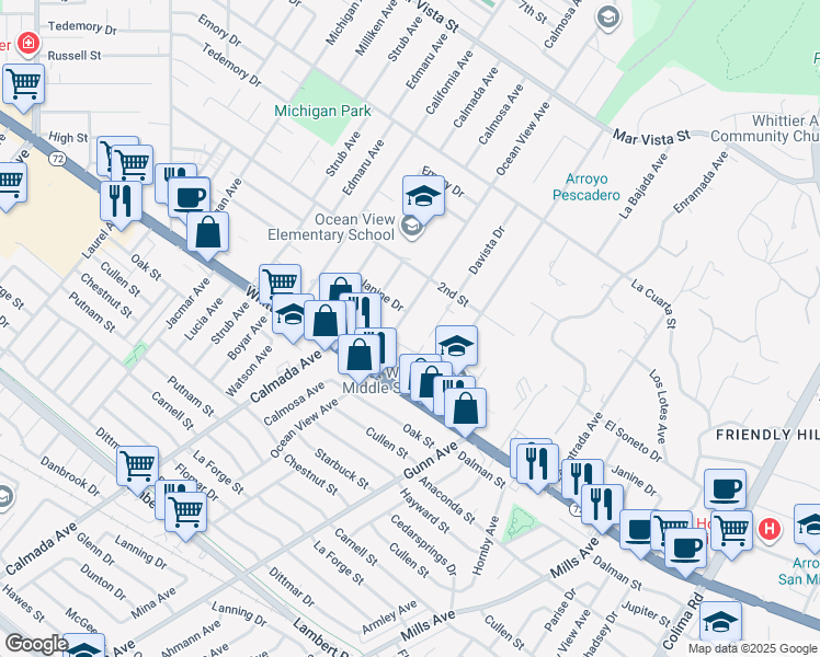 map of restaurants, bars, coffee shops, grocery stores, and more near 8662 Ocean View Avenue in Whittier
