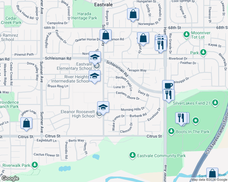 map of restaurants, bars, coffee shops, grocery stores, and more near 12936 Eastern Shore Drive in Corona