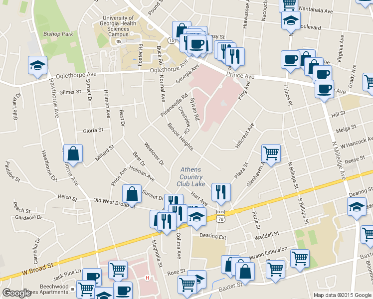 map of restaurants, bars, coffee shops, grocery stores, and more near 455 Talmadge Drive in Athens