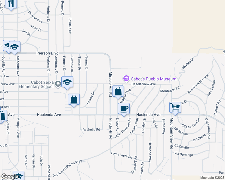 map of restaurants, bars, coffee shops, grocery stores, and more near 12622 Miracle Hill Road in Desert Hot Springs