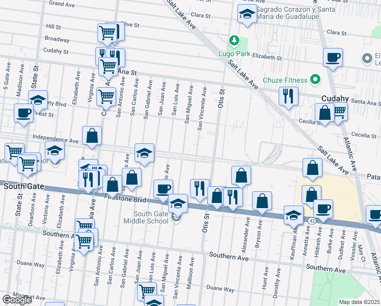 map of restaurants, bars, coffee shops, grocery stores, and more near 4069 Independence Avenue in South Gate