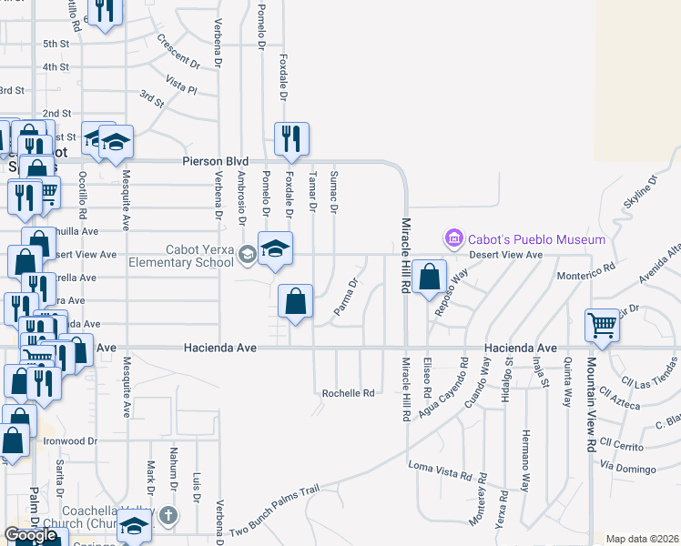 map of restaurants, bars, coffee shops, grocery stores, and more near 12638 Sumac Drive in Desert Hot Springs