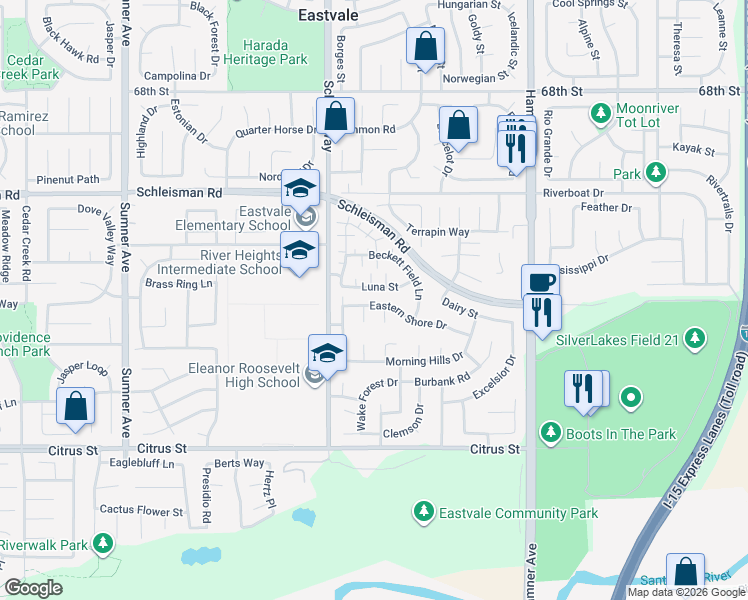 map of restaurants, bars, coffee shops, grocery stores, and more near 12936 Eastern Shore Drive in Corona