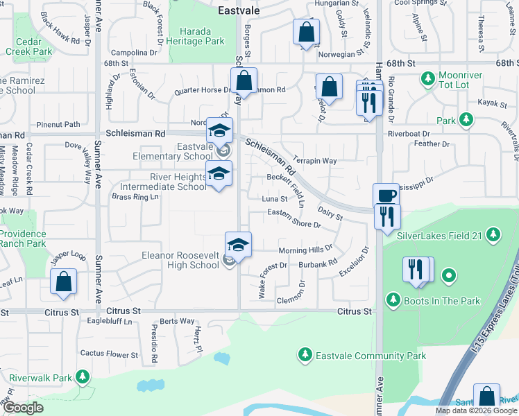map of restaurants, bars, coffee shops, grocery stores, and more near 12936 Eastern Shore Drive in Corona