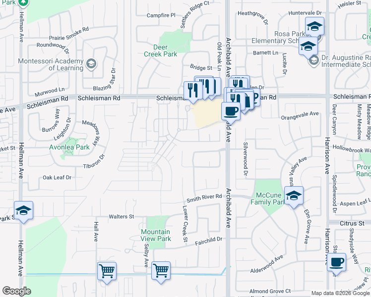 map of restaurants, bars, coffee shops, grocery stores, and more near 7213 Meurice Circle in Corona