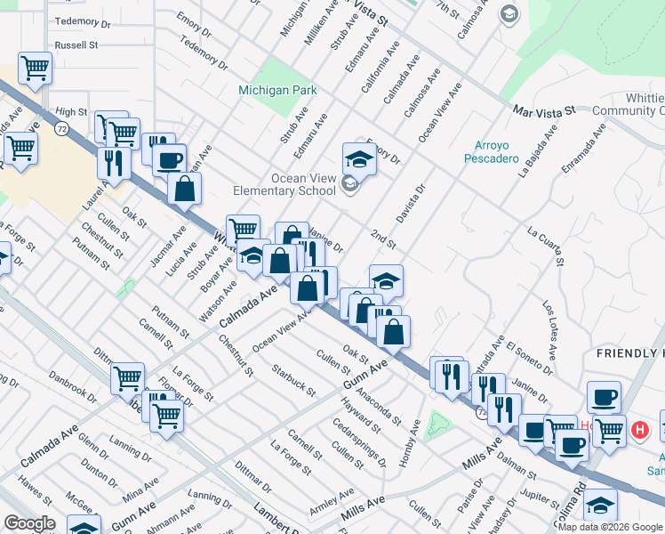 map of restaurants, bars, coffee shops, grocery stores, and more near 8708 Ocean View Avenue in Whittier