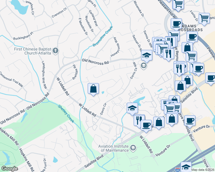 map of restaurants, bars, coffee shops, grocery stores, and more near 2286 Oak Glenn Circle in Duluth
