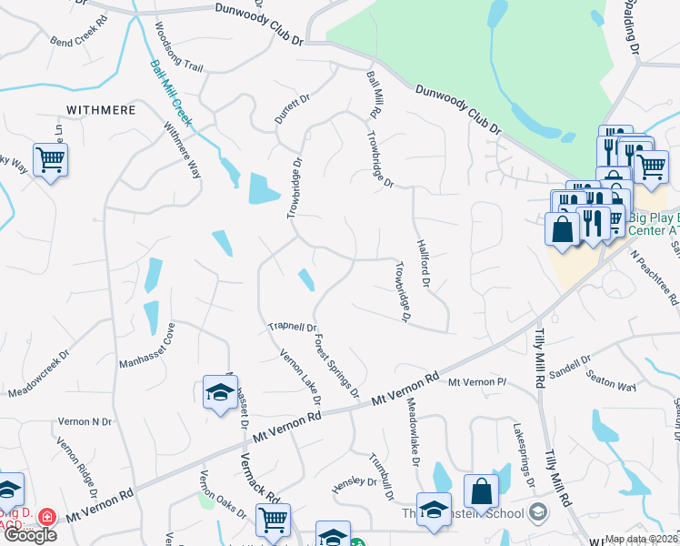 map of restaurants, bars, coffee shops, grocery stores, and more near 5344 Forest Springs Drive in Dunwoody