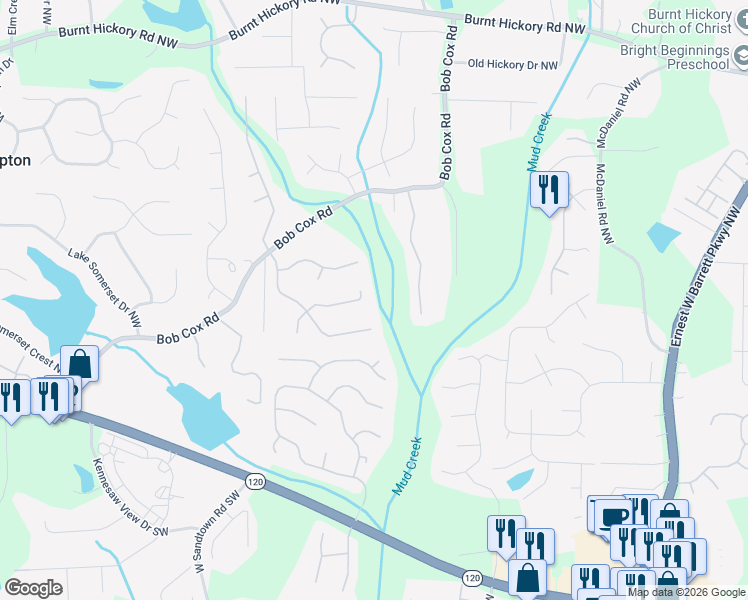 map of restaurants, bars, coffee shops, grocery stores, and more near 3017 Tallowood Drive in Marietta