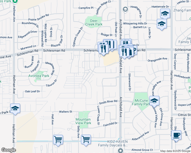 map of restaurants, bars, coffee shops, grocery stores, and more near 7213 Meurice Circle in Corona