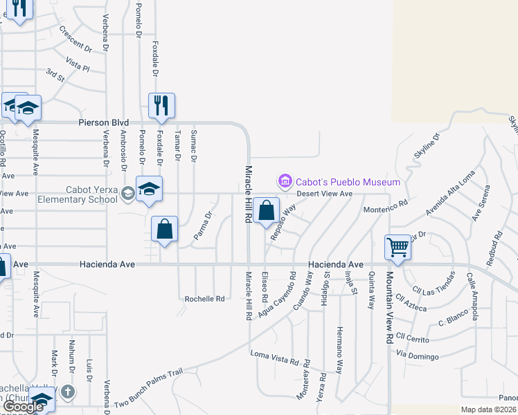 map of restaurants, bars, coffee shops, grocery stores, and more near 12672 Eliseo Road in Desert Hot Springs