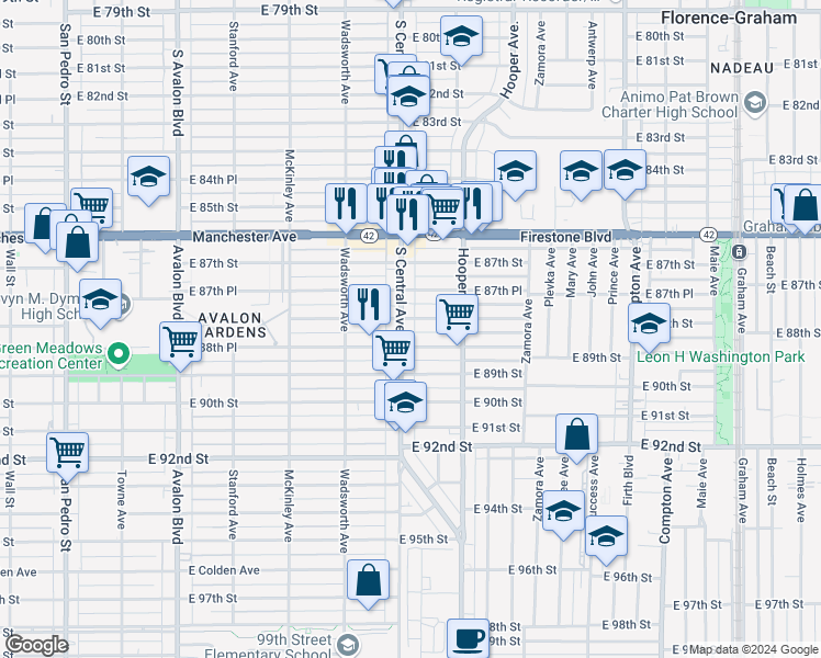 map of restaurants, bars, coffee shops, grocery stores, and more near 8810 South Central Avenue in Los Angeles