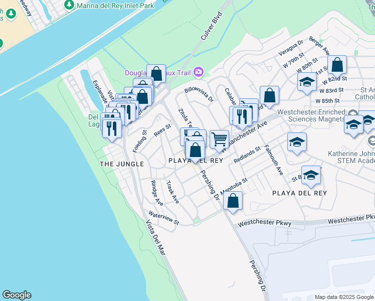 map of restaurants, bars, coffee shops, grocery stores, and more near 8405 Pershing Drive in Los Angeles