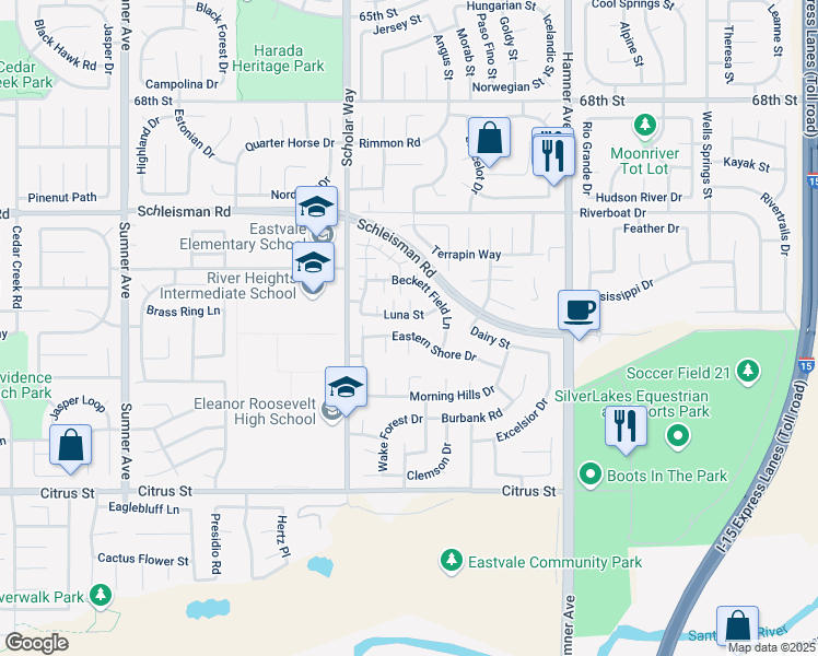map of restaurants, bars, coffee shops, grocery stores, and more near 12896 Eastern Shore Drive in Corona