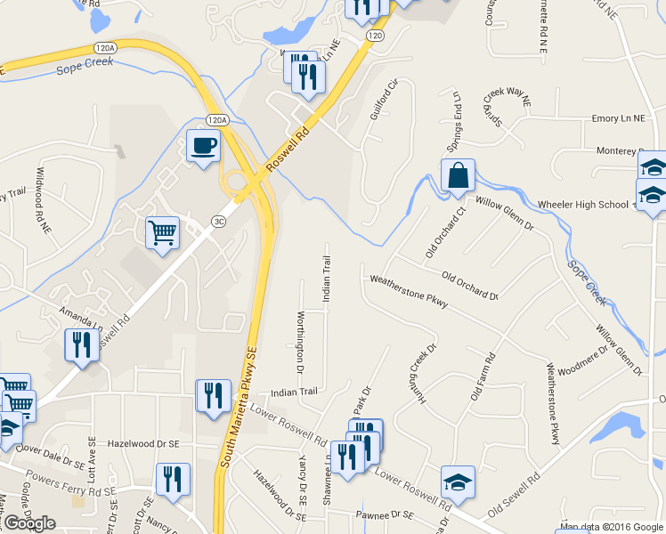 map of restaurants, bars, coffee shops, grocery stores, and more near 286 Indian Trail in Marietta