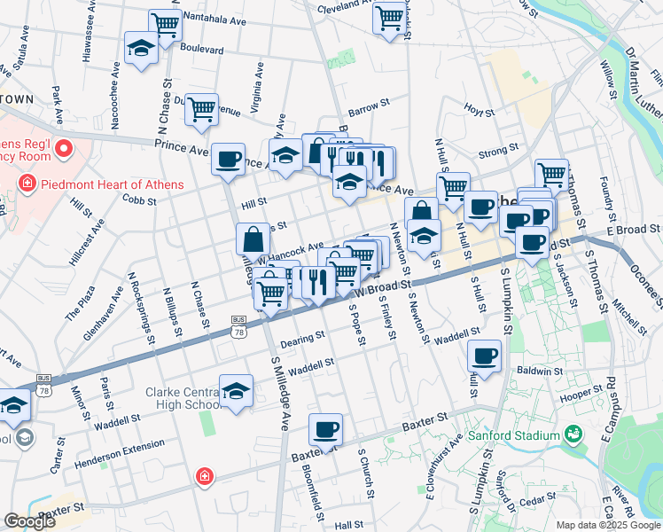 map of restaurants, bars, coffee shops, grocery stores, and more near 424 Reese St in Athens