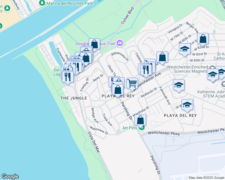 map of restaurants, bars, coffee shops, grocery stores, and more near 8405 Pershing Drive in Los Angeles