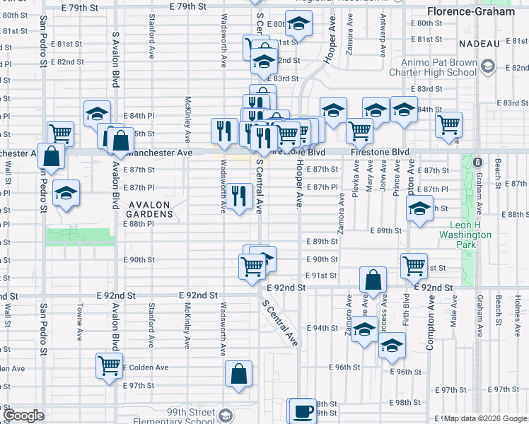 map of restaurants, bars, coffee shops, grocery stores, and more near 8810 South Central Avenue in Los Angeles