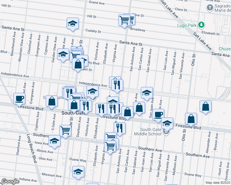 map of restaurants, bars, coffee shops, grocery stores, and more near 8611 California Avenue in South Gate