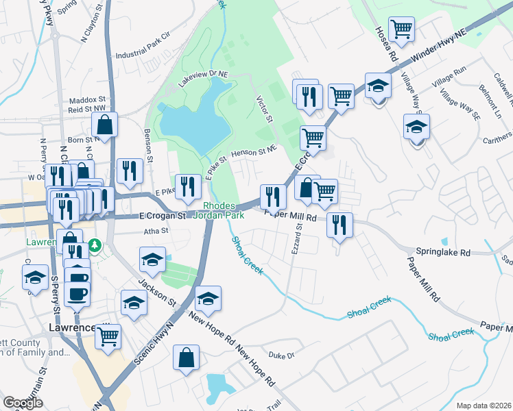 map of restaurants, bars, coffee shops, grocery stores, and more near 139 East Crogan Street in Lawrenceville