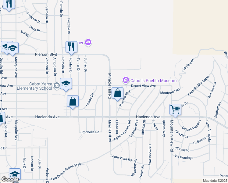 map of restaurants, bars, coffee shops, grocery stores, and more near 12672 Eliseo Road in Desert Hot Springs