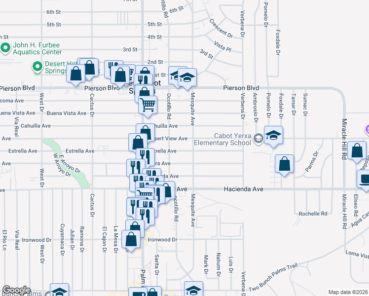 map of restaurants, bars, coffee shops, grocery stores, and more near 66722 Estrella Avenue in Desert Hot Springs