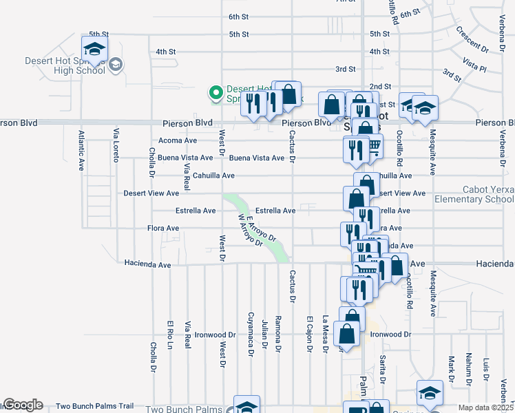 map of restaurants, bars, coffee shops, grocery stores, and more near 66114 Estrella Avenue in Desert Hot Springs