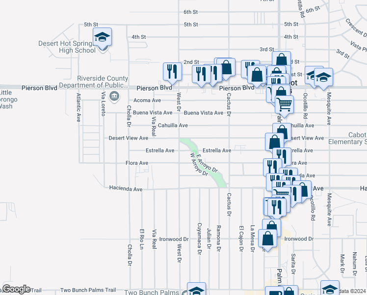 map of restaurants, bars, coffee shops, grocery stores, and more near 66012 Estrella Avenue in Desert Hot Springs