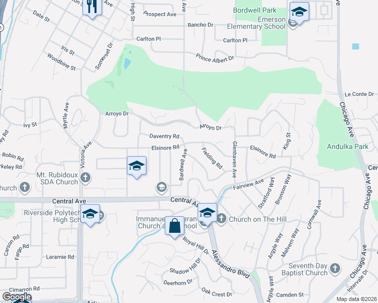 map of restaurants, bars, coffee shops, grocery stores, and more near 2295 Drummond Street in Riverside