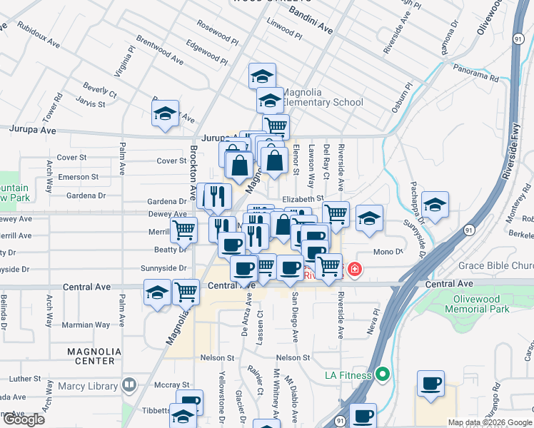 map of restaurants, bars, coffee shops, grocery stores, and more near 3683 Merrill Avenue in Riverside